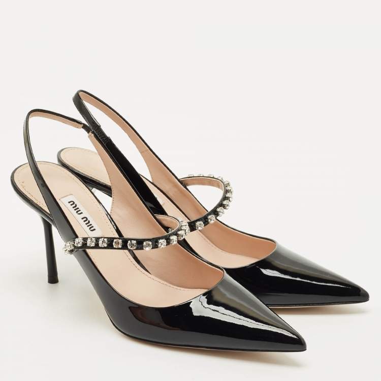 Pre Owned Miu Miu Black Patent Leather Decollete Crystal Embellished Slingback Pumps Size 38