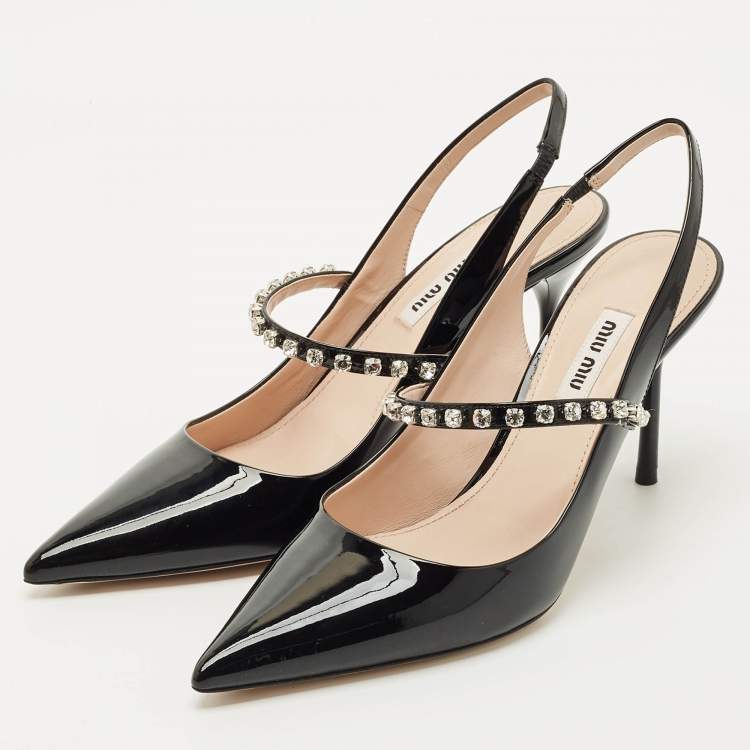Pre Owned Miu Miu Black Patent Leather Decollete Crystal Embellished Slingback Pumps Size 38
