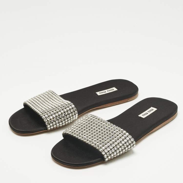 Pre Owned Miu Miu Silver Satin Crystal Embellished Flat Slides Size 38