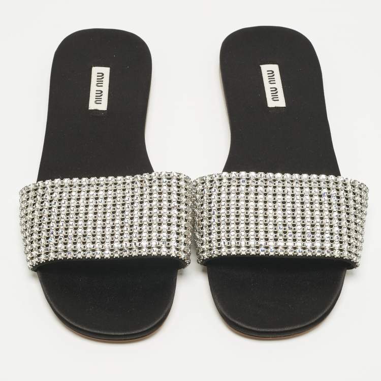 Pre Owned Miu Miu Silver Satin Crystal Embellished Flat Slides Size 38