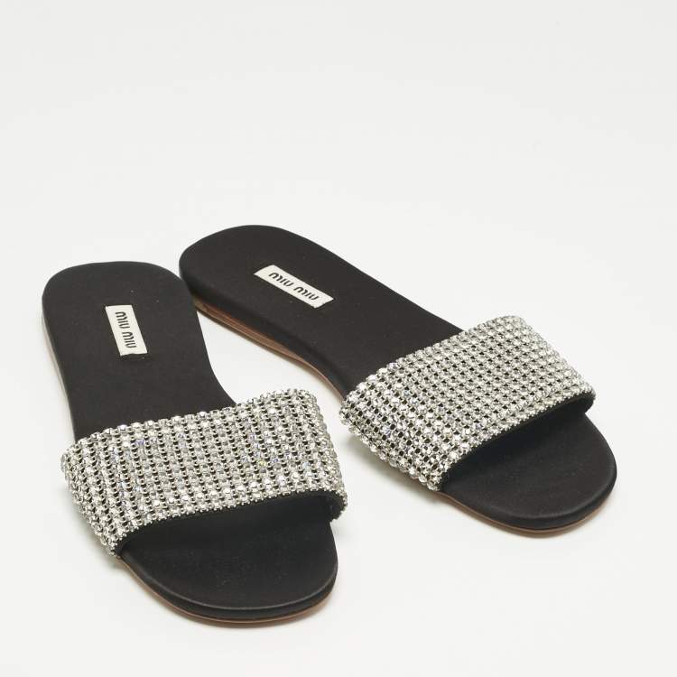 Pre Owned Miu Miu Silver Satin Crystal Embellished Flat Slides Size 38