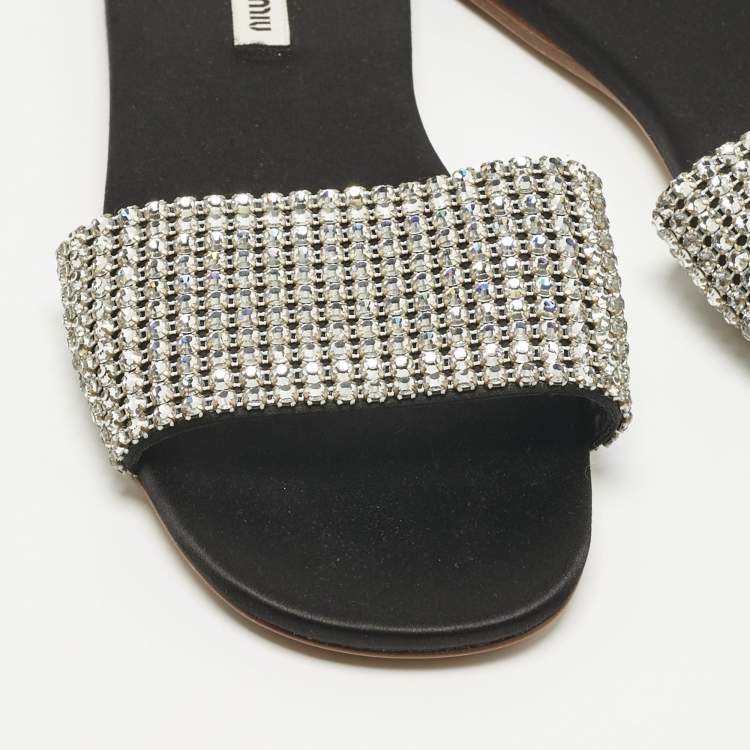 Pre Owned Miu Miu Silver Satin Crystal Embellished Flat Slides Size 38