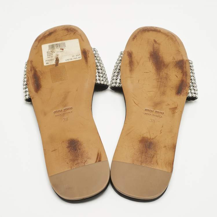 Pre Owned Miu Miu Silver Satin Crystal Embellished Flat Slides Size 38