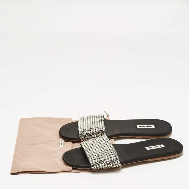 Pre Owned Miu Miu Silver Satin Crystal Embellished Flat Slides Size 38
