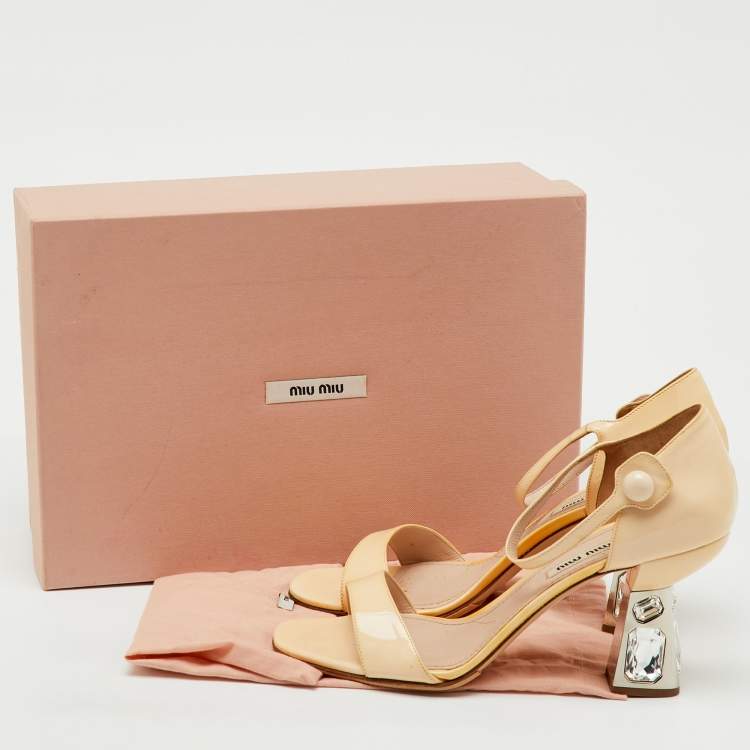 Pre Owned Miu Miu Beige Patent Leather Crystal Embellished Heel Ankle Strap Sandals Size 38