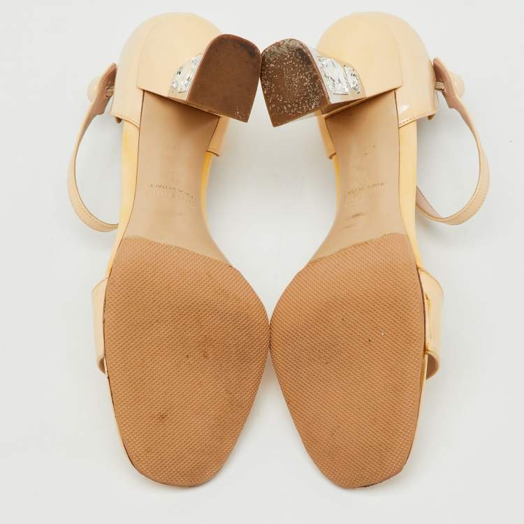 Pre Owned Miu Miu Beige Patent Leather Crystal Embellished Heel Ankle Strap Sandals Size 38