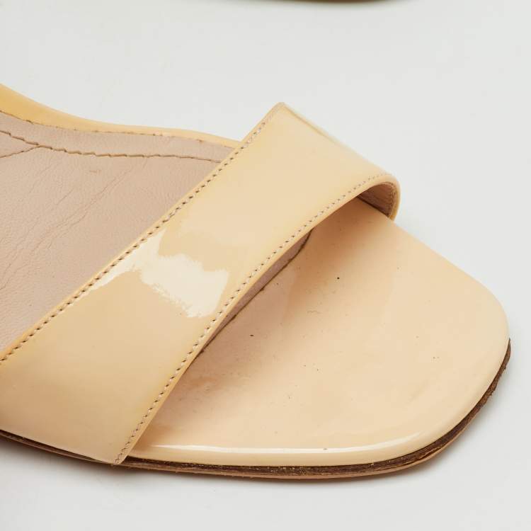 Pre Owned Miu Miu Beige Patent Leather Crystal Embellished Heel Ankle Strap Sandals Size 38