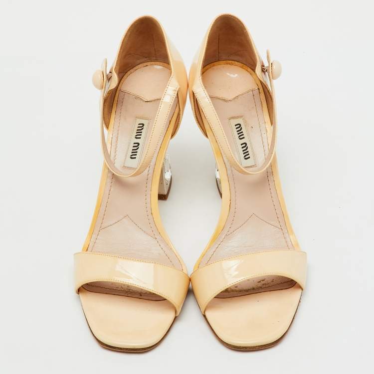 Pre Owned Miu Miu Beige Patent Leather Crystal Embellished Heel Ankle Strap Sandals Size 38