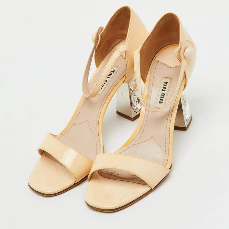 Pre Owned Miu Miu Beige Patent Leather Crystal Embellished Heel Ankle Strap Sandals Size 38