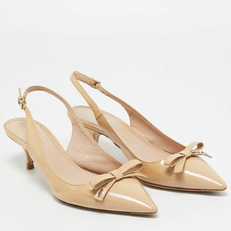 Pre Owned Miu Miu Beige Patent Leather Slingback Pumps Size 38