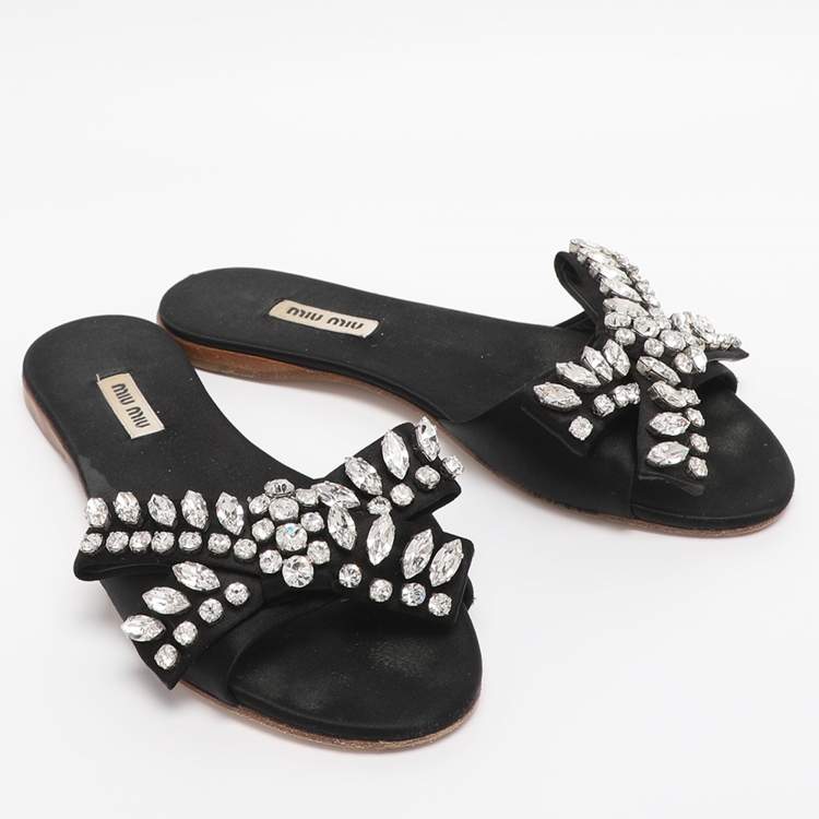 Pre Owned Miu Miu Black Satin Crystal Embellished Bow Slide Sandals Size 37