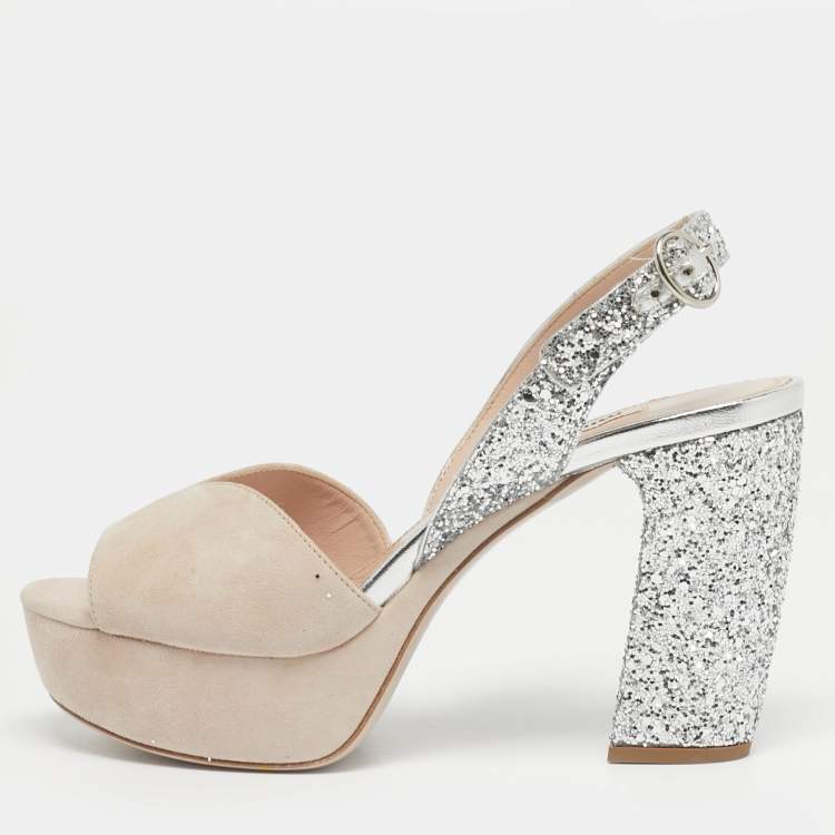 Pre Owned Miu Miu Beige/Beige Glitter and Suede Ankle Strap Sandals Size 36