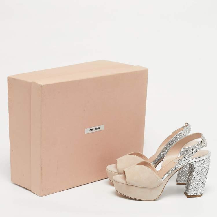 Pre Owned Miu Miu Beige/Beige Glitter and Suede Ankle Strap Sandals Size 36