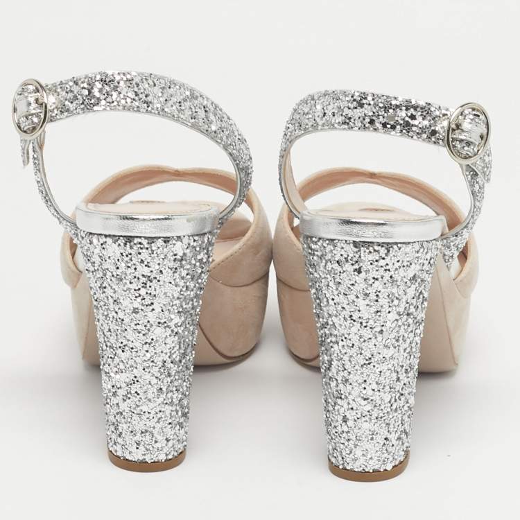 Pre Owned Miu Miu Beige/Beige Glitter and Suede Ankle Strap Sandals Size 36