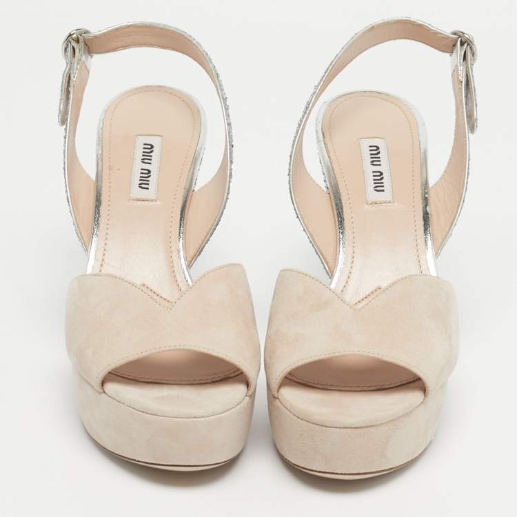 Pre Owned Miu Miu Beige/Beige Glitter and Suede Ankle Strap Sandals Size 36