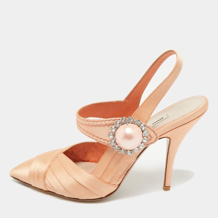 Pre Owned Miu Miu Orange Satin Pearl Crystal Embellished Slingback Pumps Size 36.5
