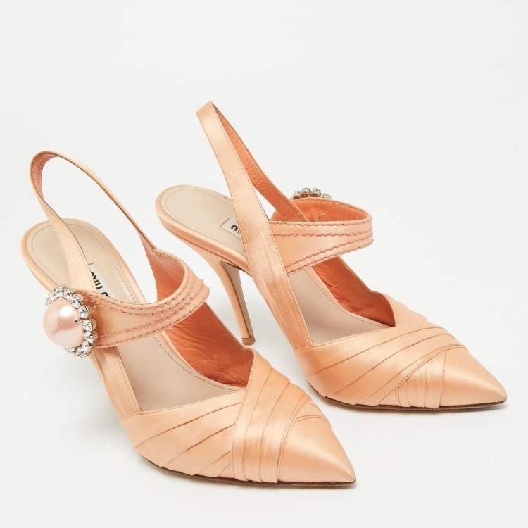 Pre Owned Miu Miu Orange Satin Pearl Crystal Embellished Slingback Pumps Size 36.5