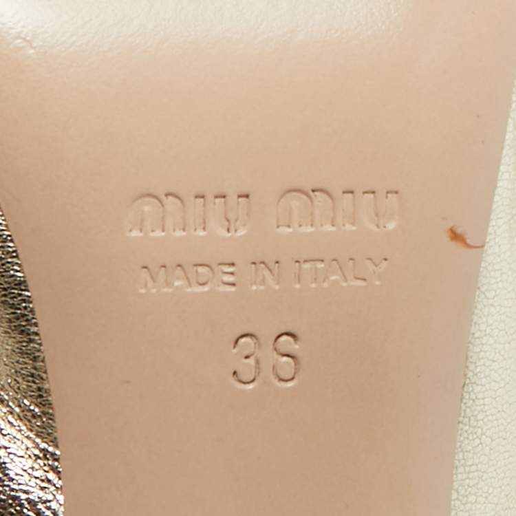 Pre Owned Miu Miu Gold Leather Crystal Embellished Mary Jane Slingback Pumps Size 36