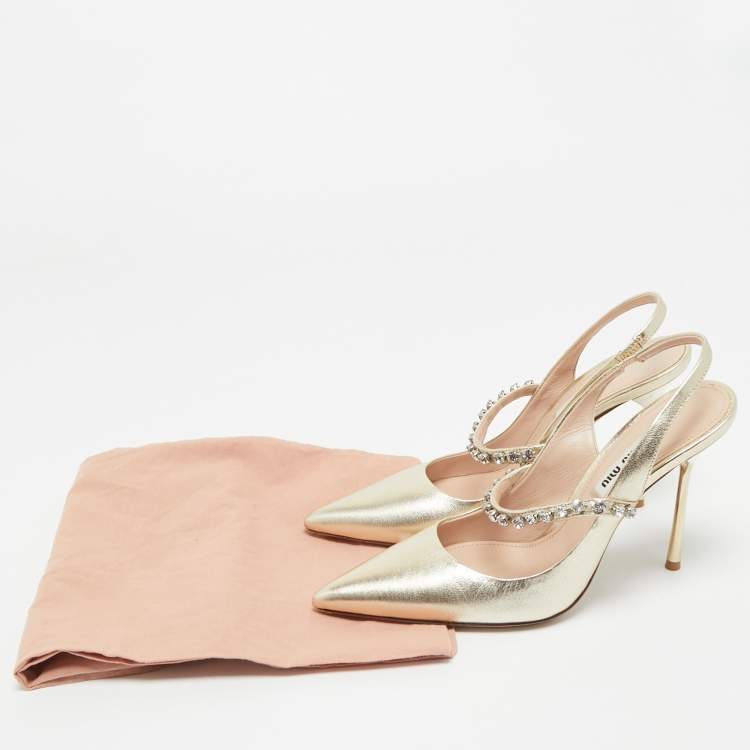 Pre Owned Miu Miu Gold Leather Crystal Embellished Mary Jane Slingback Pumps Size 36