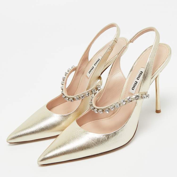 Pre Owned Miu Miu Gold Leather Crystal Embellished Mary Jane Slingback Pumps Size 36