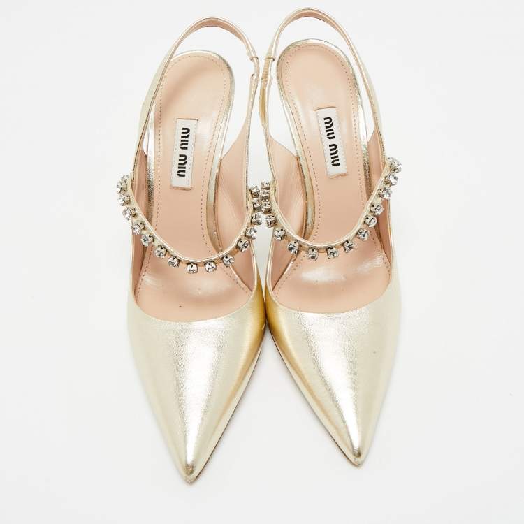 Pre Owned Miu Miu Gold Leather Crystal Embellished Mary Jane Slingback Pumps Size 36