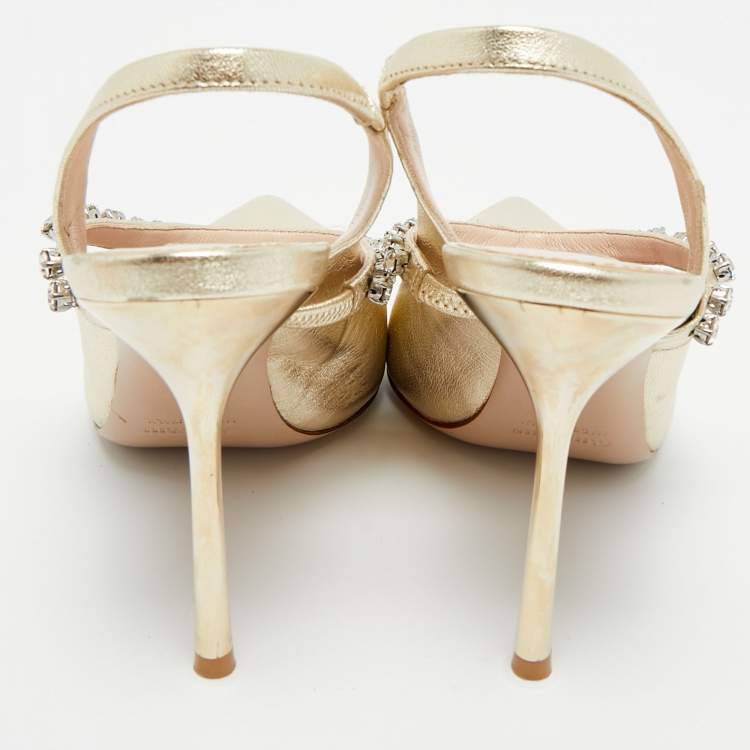 Pre Owned Miu Miu Gold Leather Crystal Embellished Mary Jane Slingback Pumps Size 36