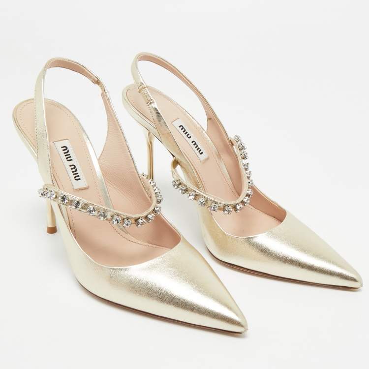 Pre Owned Miu Miu Gold Leather Crystal Embellished Mary Jane Slingback Pumps Size 36
