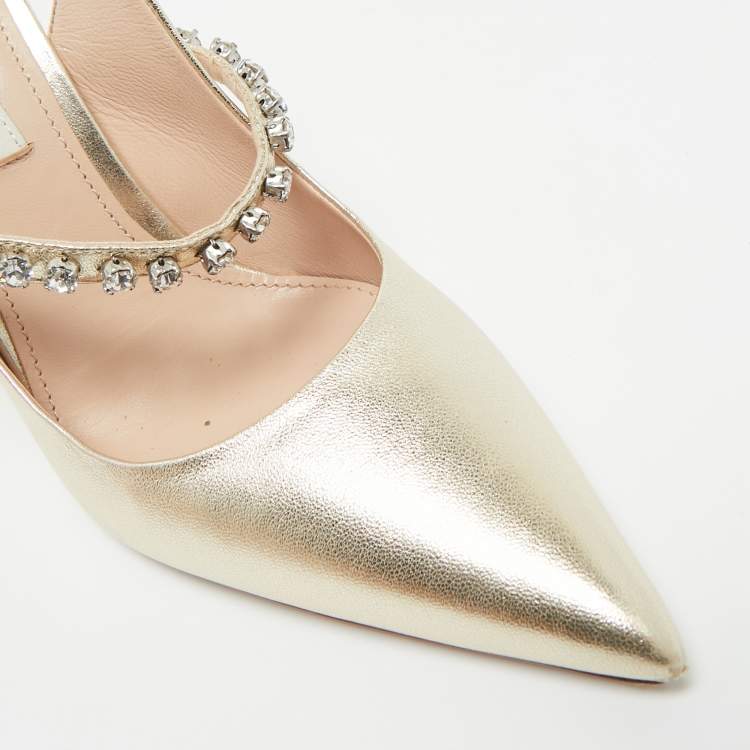 Pre Owned Miu Miu Gold Leather Crystal Embellished Mary Jane Slingback Pumps Size 36