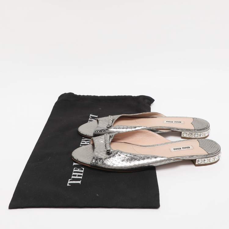 Pre Owned Miu Miu Metallic Silver Python Embossed  Leather Crystal Embellished Flat Slides Size 40.5