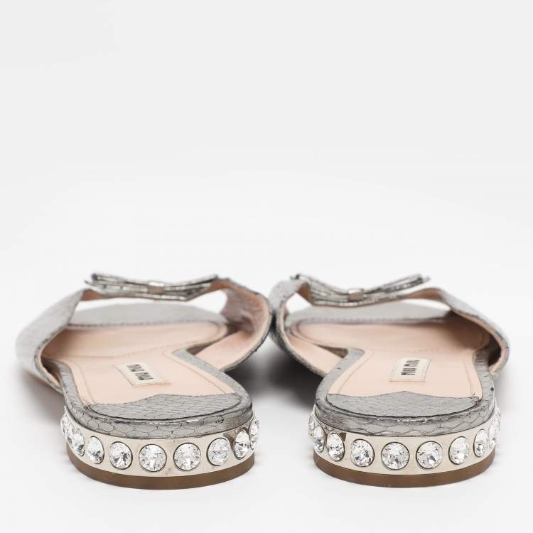 Pre Owned Miu Miu Metallic Silver Python Embossed  Leather Crystal Embellished Flat Slides Size 40.5