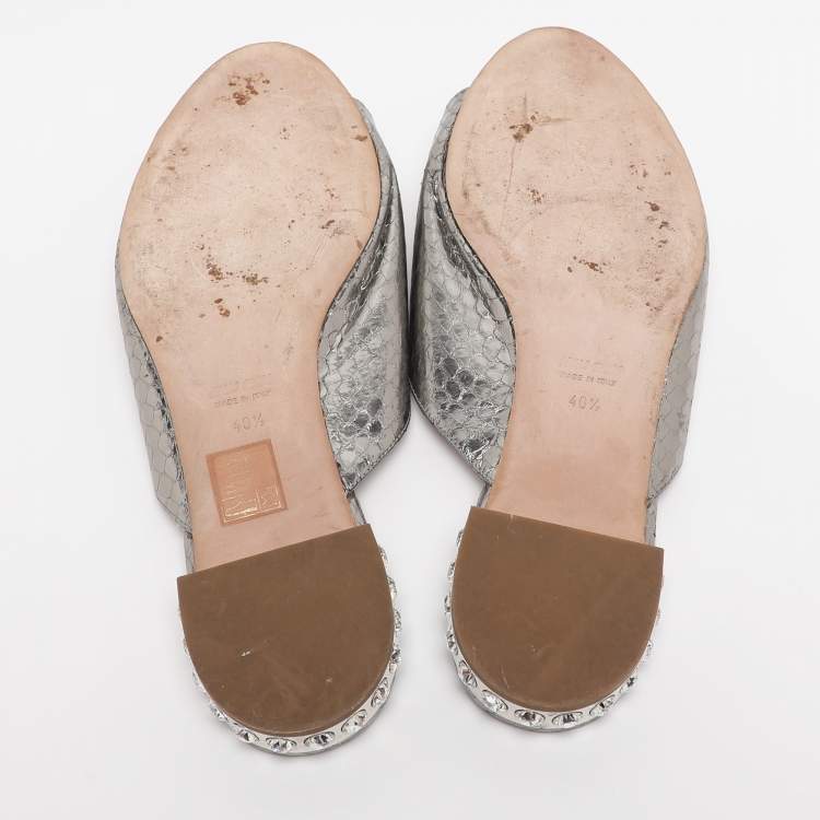 Pre Owned Miu Miu Metallic Silver Python Embossed  Leather Crystal Embellished Flat Slides Size 40.5