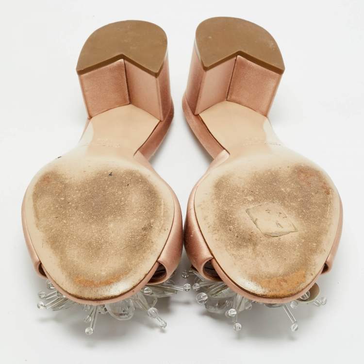 Pre Owned Miu Miu Light Pink Satin Crystal Embellished Slide Sandals Size 38.5