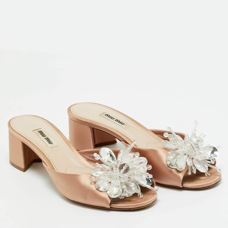 Pre Owned Miu Miu Light Pink Satin Crystal Embellished Slide Sandals Size 38.5