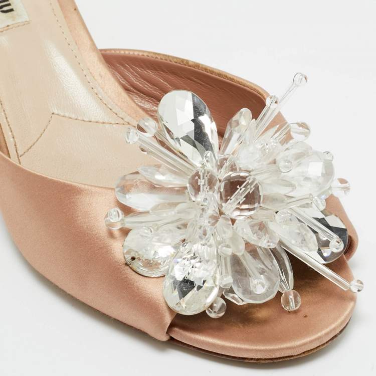 Pre Owned Miu Miu Light Pink Satin Crystal Embellished Slide Sandals Size 38.5