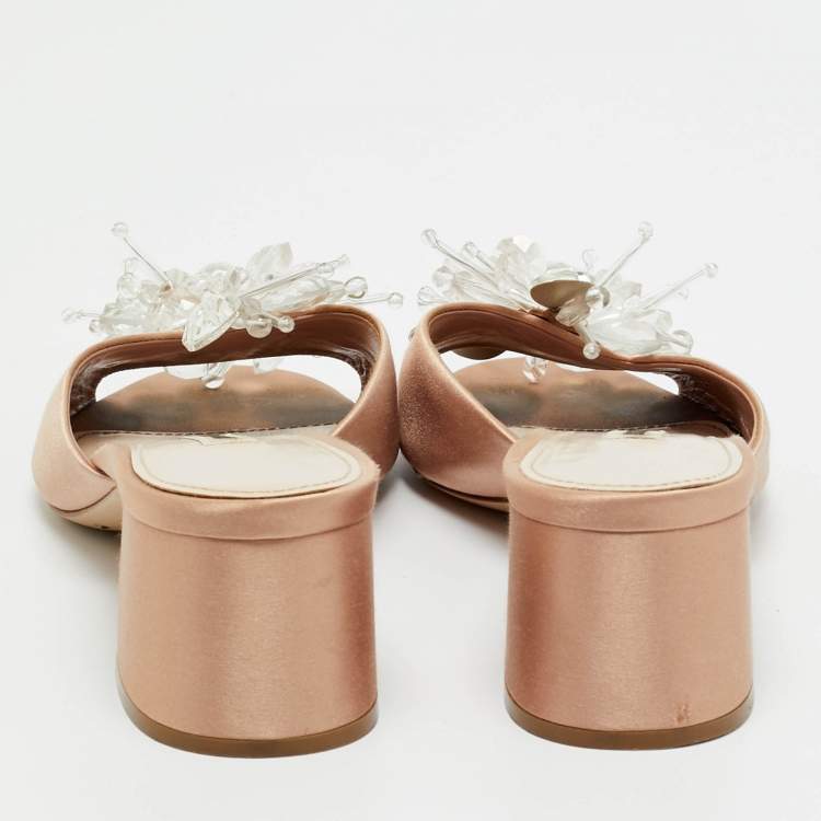 Pre Owned Miu Miu Light Pink Satin Crystal Embellished Slide Sandals Size 38.5