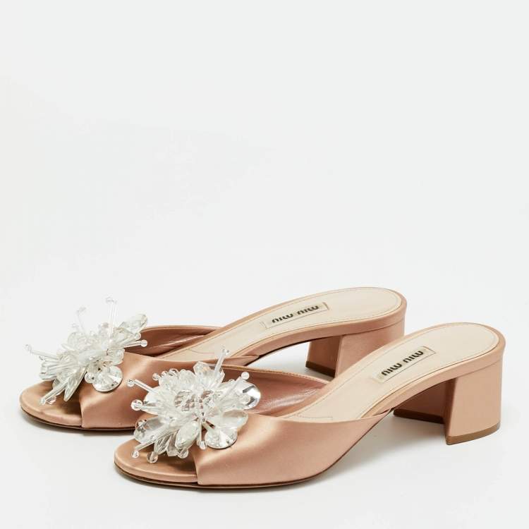 Pre Owned Miu Miu Light Pink Satin Crystal Embellished Slide Sandals Size 38.5