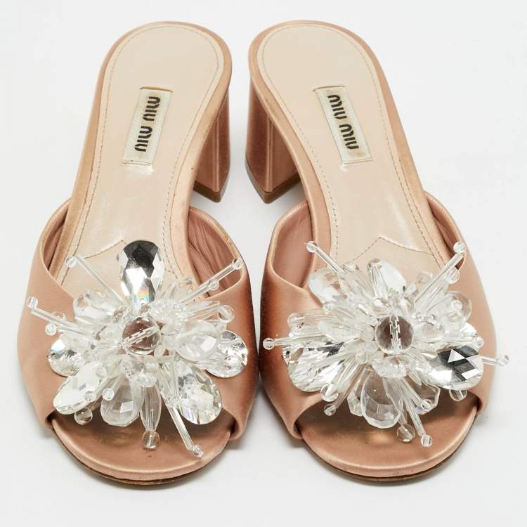 Pre Owned Miu Miu Light Pink Satin Crystal Embellished Slide Sandals Size 38.5