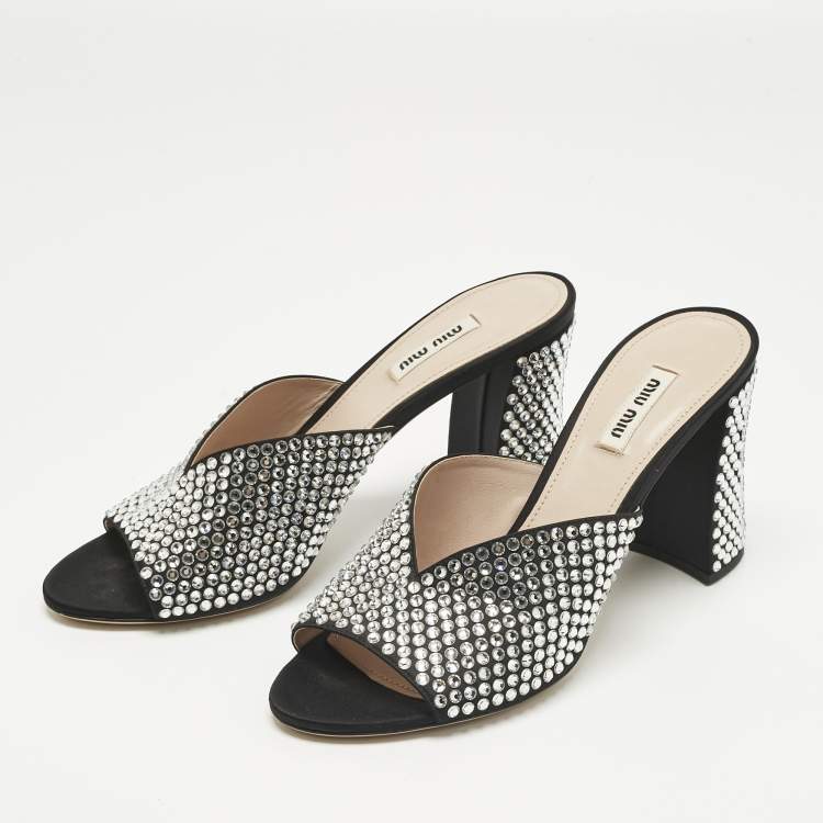 Pre Owned Miu Miu Black Satin Crystal Embellished Block Heel Slide Sandals Size 39.5