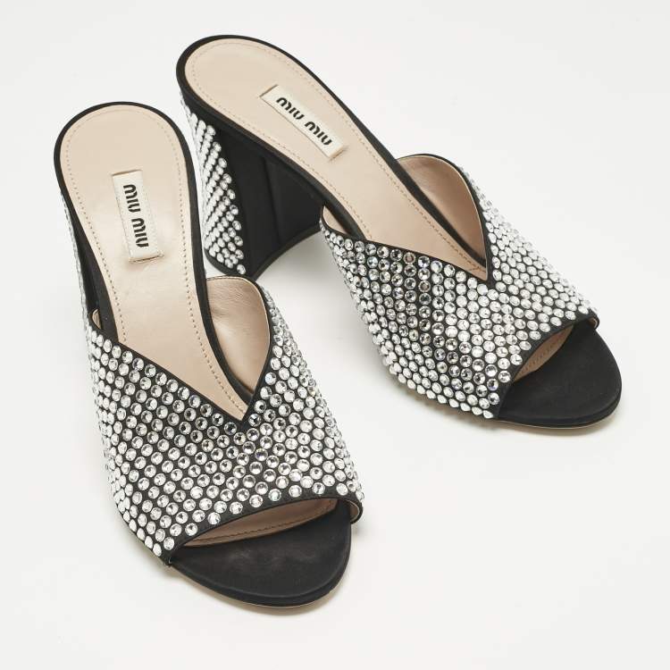 Pre Owned Miu Miu Black Satin Crystal Embellished Block Heel Slide Sandals Size 39.5