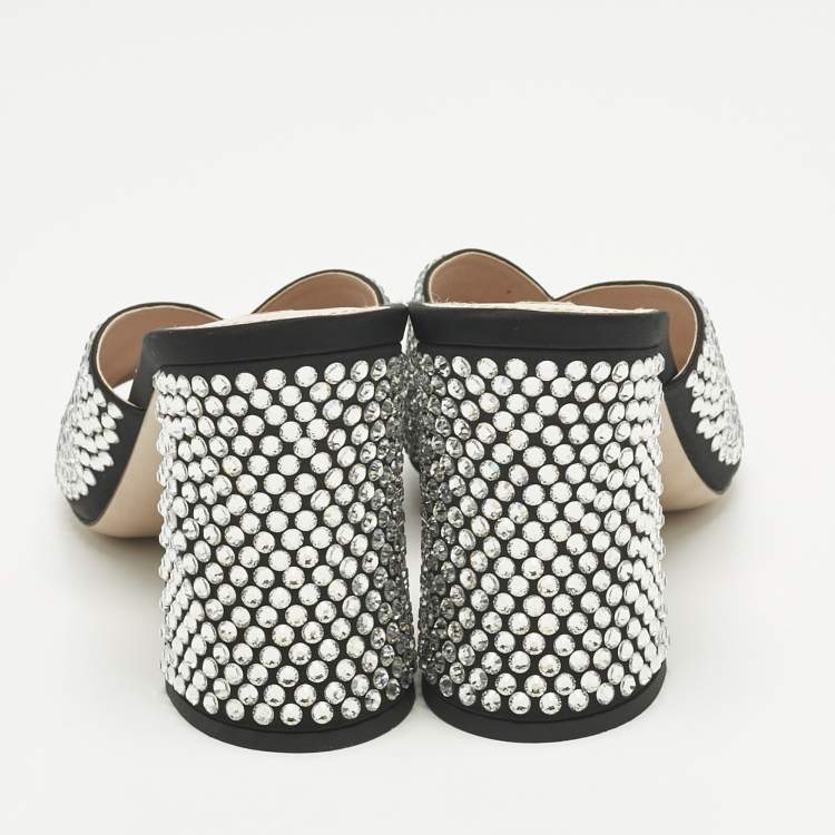 Pre Owned Miu Miu Black Satin Crystal Embellished Block Heel Slide Sandals Size 39.5