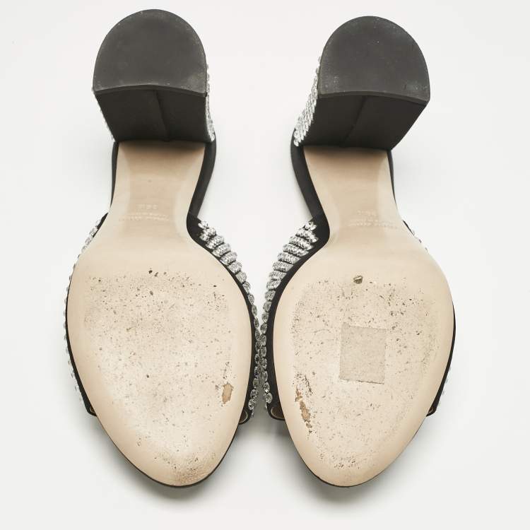 Pre Owned Miu Miu Black Satin Crystal Embellished Block Heel Slide Sandals Size 39.5