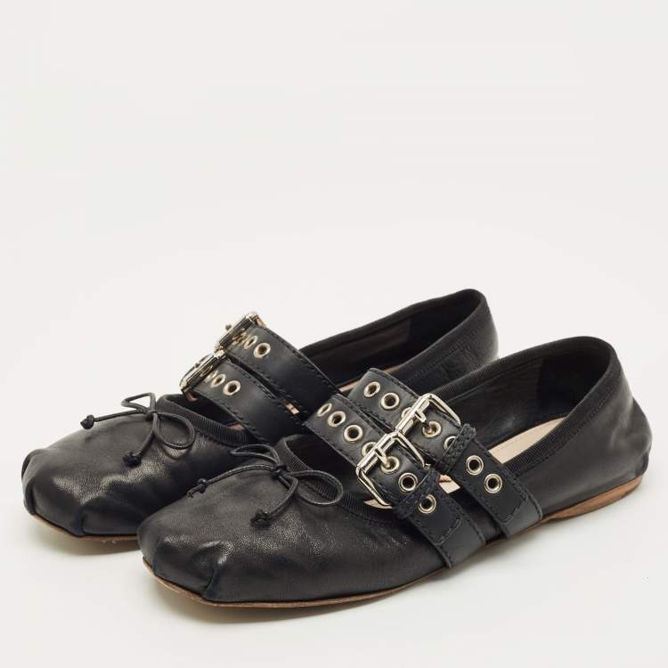Pre Owned Miu Miu Black Leather Ankle Wrap Ballet Flats Size 39.5