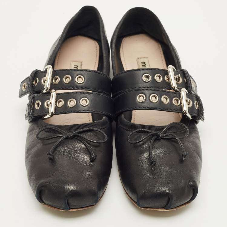 Pre Owned Miu Miu Black Leather Ankle Wrap Ballet Flats Size 39.5