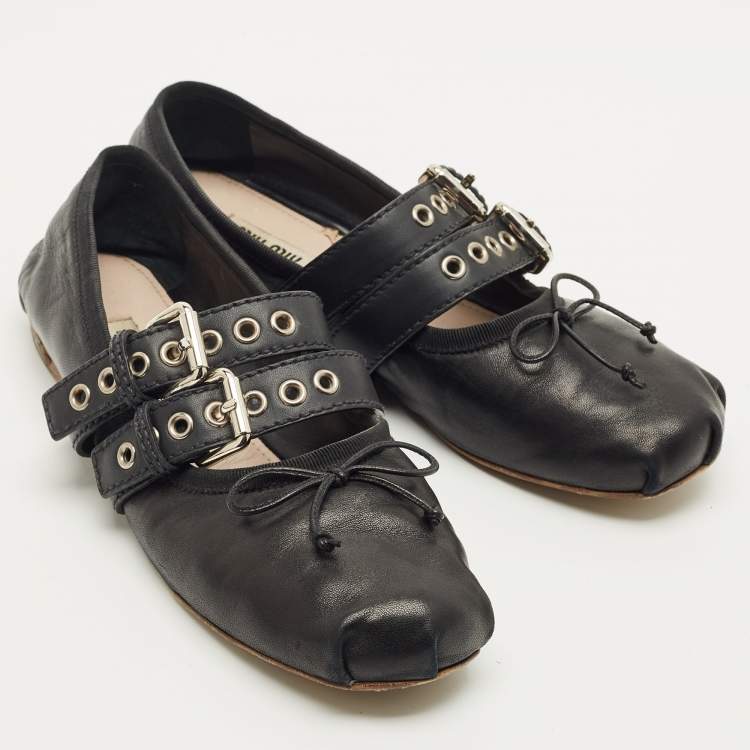 Pre Owned Miu Miu Black Leather Ankle Wrap Ballet Flats Size 39.5