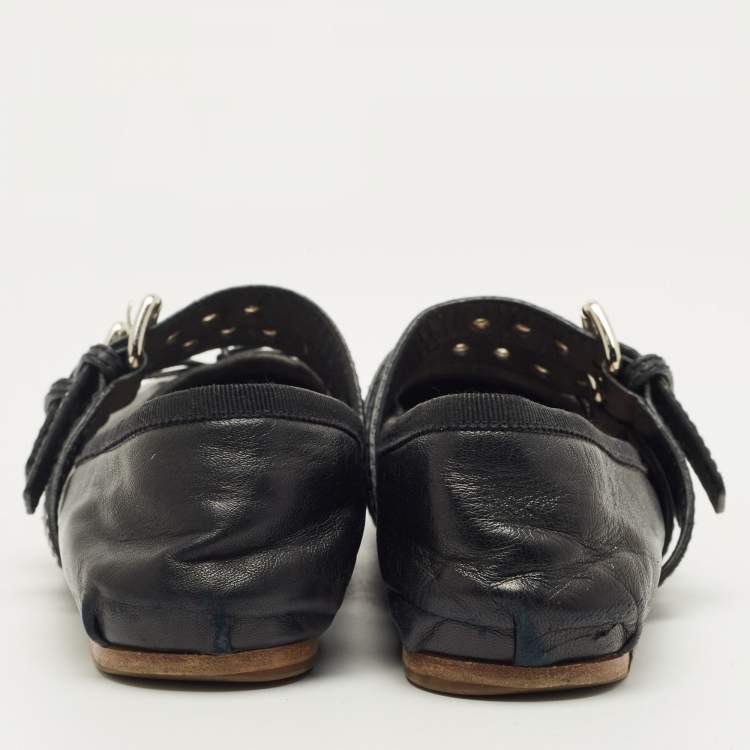 Pre Owned Miu Miu Black Leather Ankle Wrap Ballet Flats Size 39.5