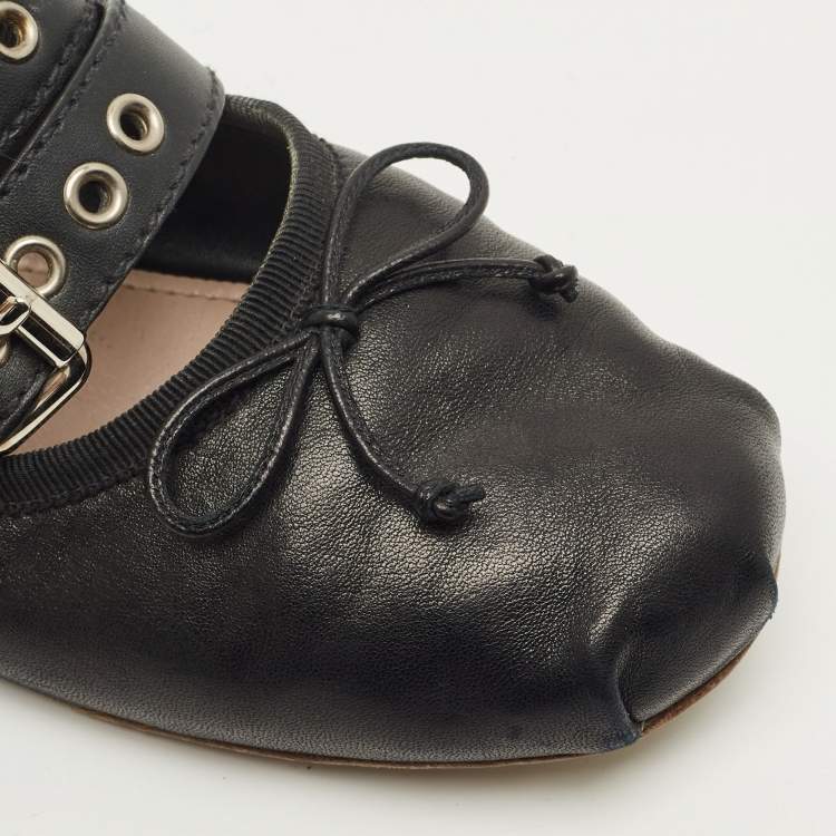 Pre Owned Miu Miu Black Leather Ankle Wrap Ballet Flats Size 39.5