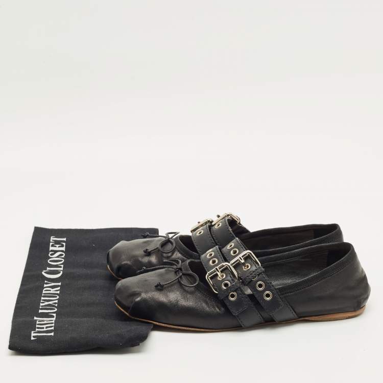 Pre Owned Miu Miu Black Leather Ankle Wrap Ballet Flats Size 39.5