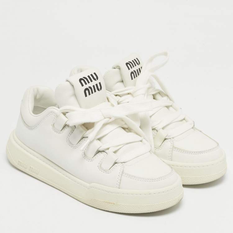 Pre Owned Miu Miu White Leather Lace Up Sneakers Size 36