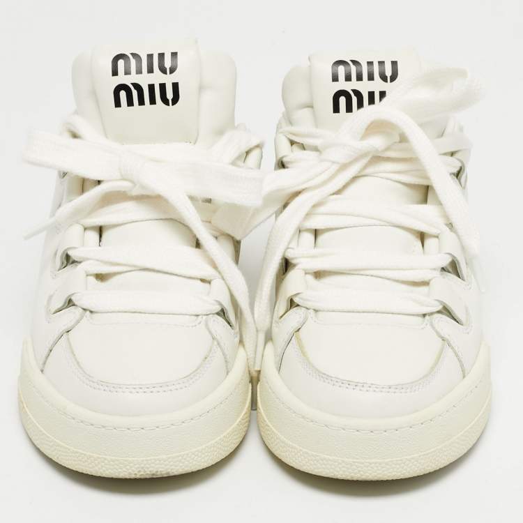 Pre Owned Miu Miu White Leather Lace Up Sneakers Size 36