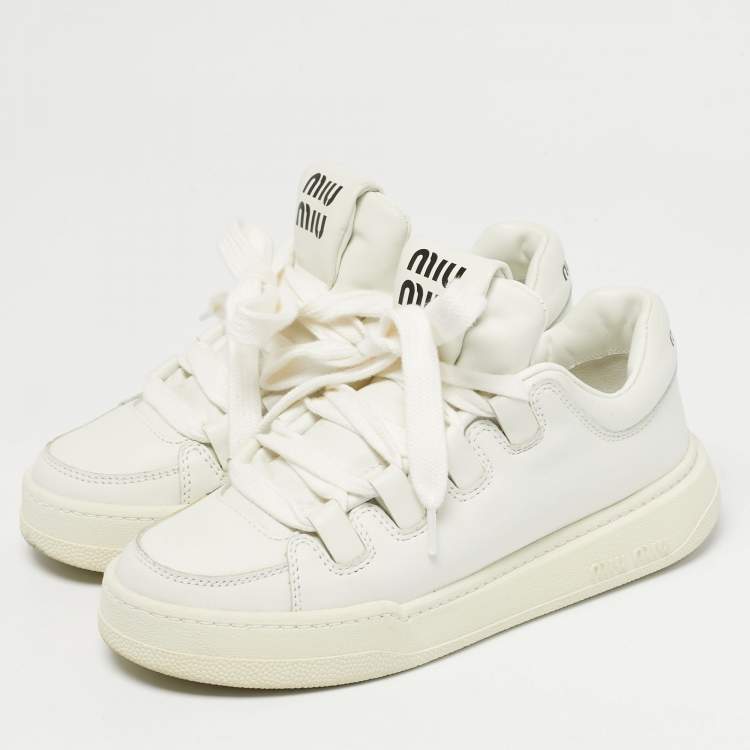 Pre Owned Miu Miu White Leather Lace Up Sneakers Size 36